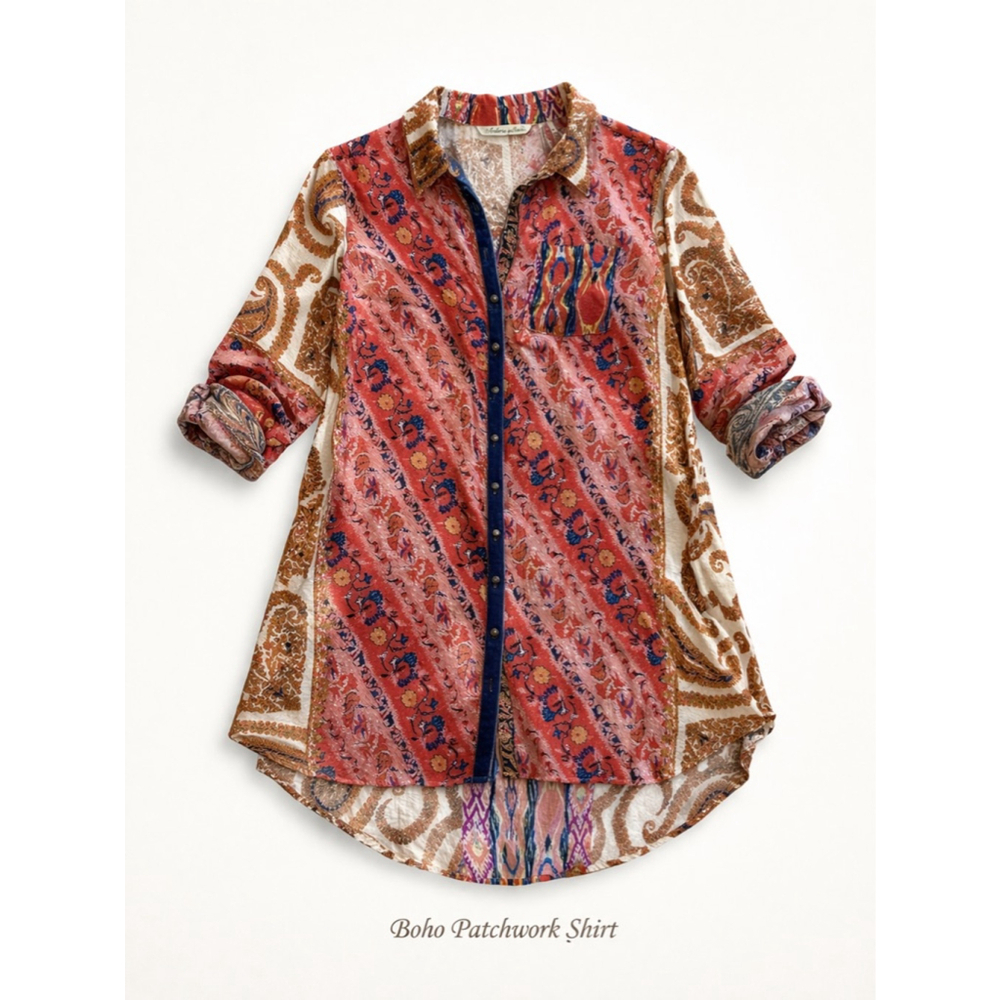 Soft Surroundings Boho Patchwork Tunic Top | Mixed Print Button Front | Size M
